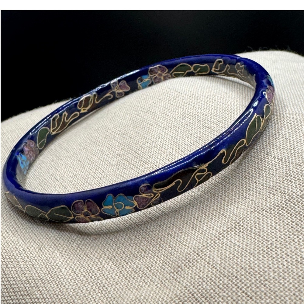 Vintage Cloisonne Bangle Bracelet Floral Enamel double sided Blue 7.75 Inch
